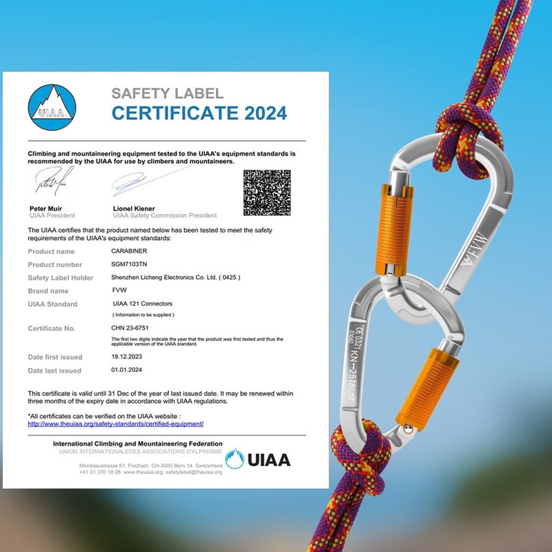 FVW Auto Locking Rock Climbing Carabiner Clips,Professional 25KN (5620 lbs) Heavy Duty Caribeaners for Rappelling Swing Rescue & Gym etc, Large D-Shaped Carabiners - Image 2